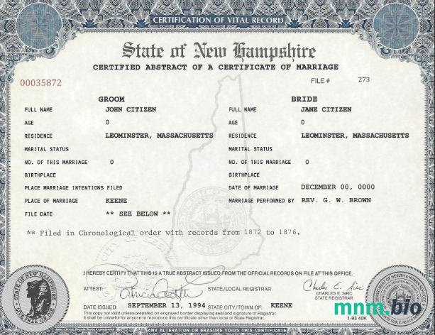 USA New Hampshire marriage cert